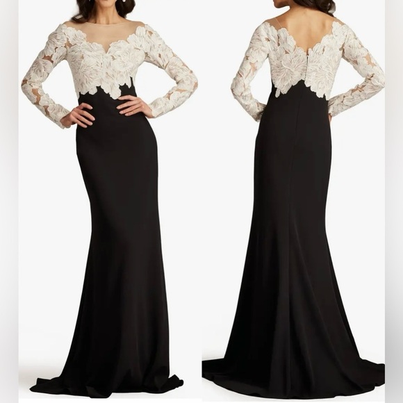 Tadashi Shoji Dresses & Skirts - NEW Tadashi Shoji Black Ivory Floral Lace Bodice Long Sleeve Gown Sz 14